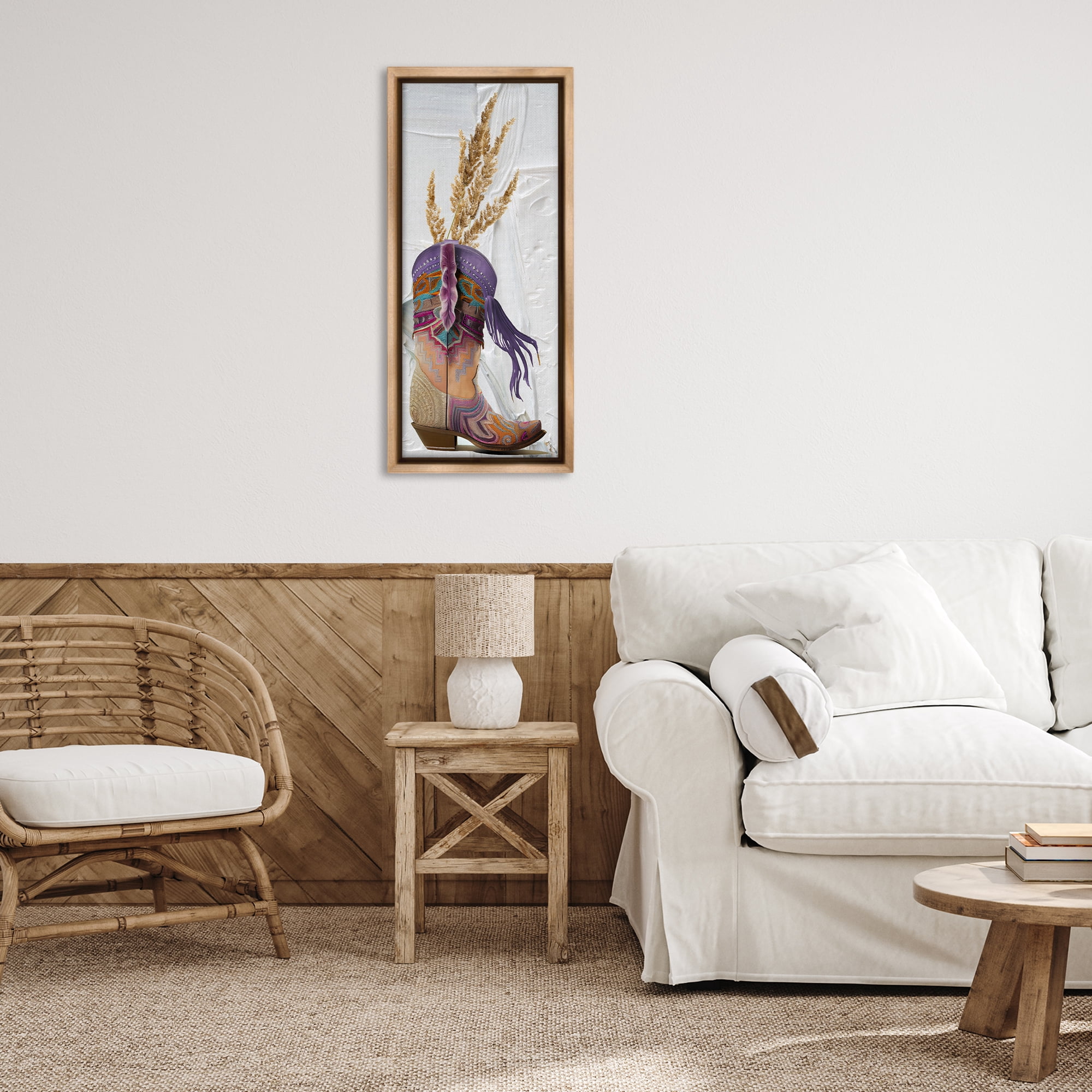 Stupell Industries Cowboy Boot & Wheat Botanical & Floral Painting Brown Floater Framed Canvas Art Print Wall Art, 15 x 31