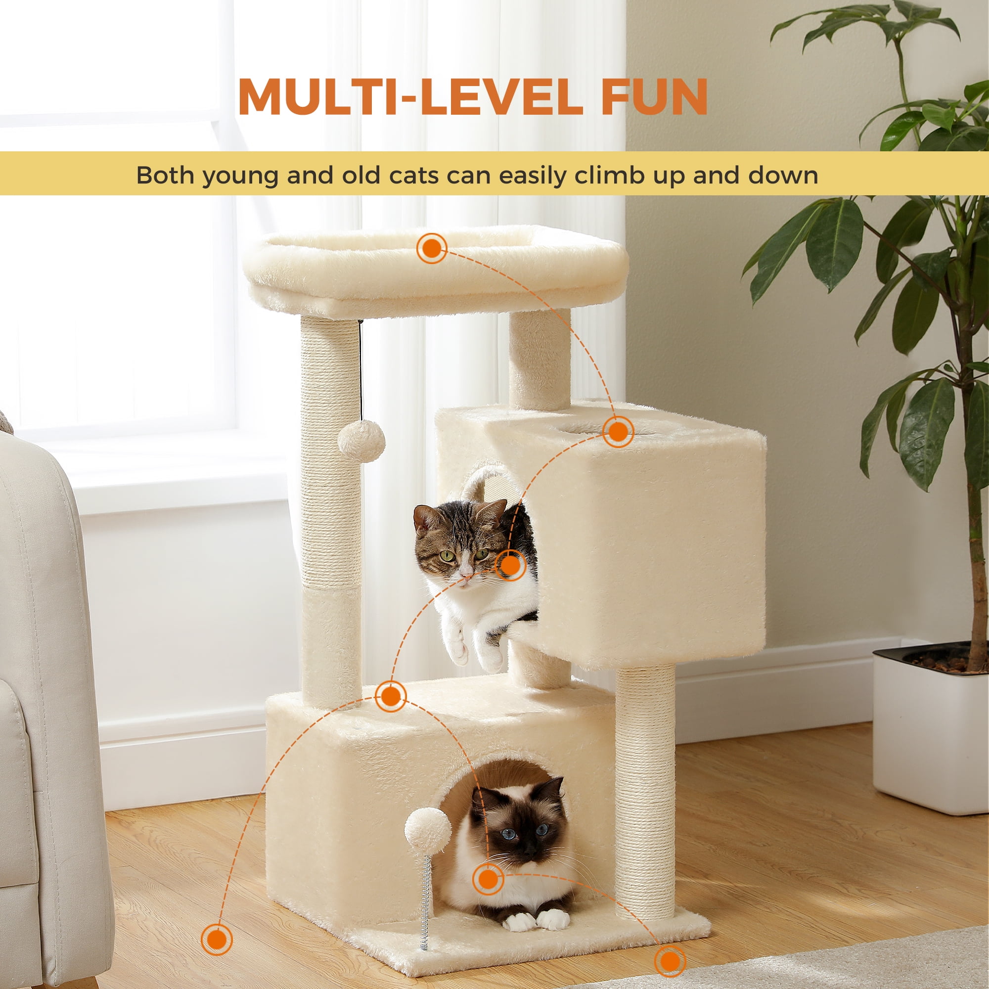 PEQULTI 31.5" Modern Cat Tree Tower with Dual Large Condos for Kitten ＆ Medium Size Cat Beige