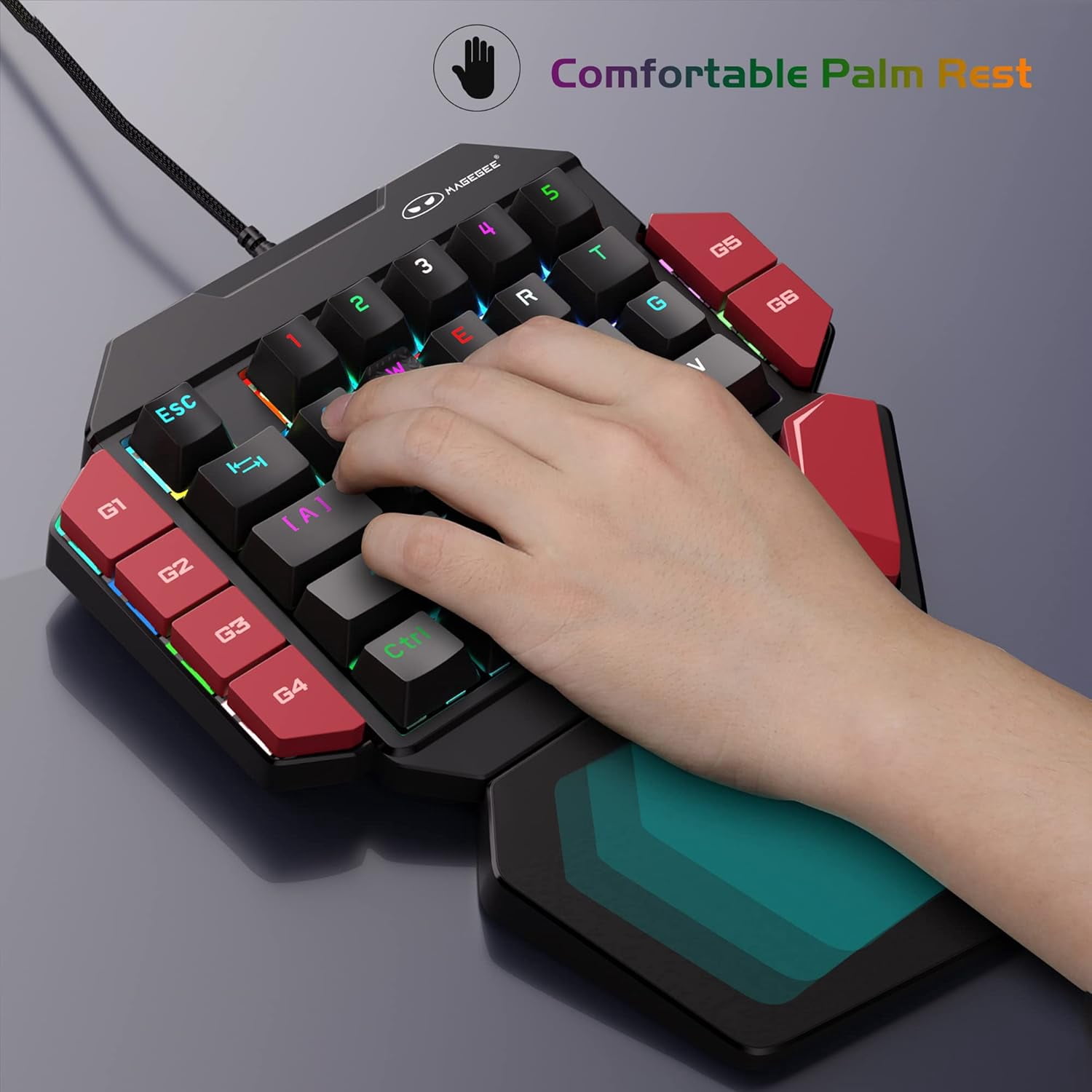 MageGee One Handed Professional Gaming Keyboard, RGB Backlit 35 Keys Mini Wired Mechanical Keyboard with Blue Switch for PC Gamer, Support 6 Macro Keys