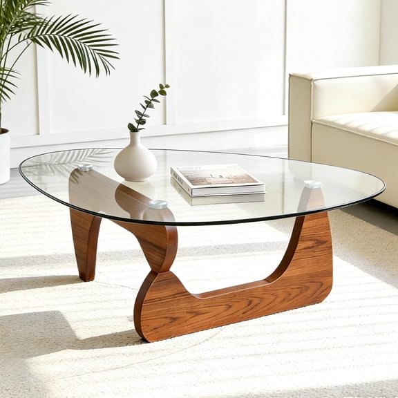 Walnut Transparent Oval Coffee Table With Tempered Glass Top And Solid