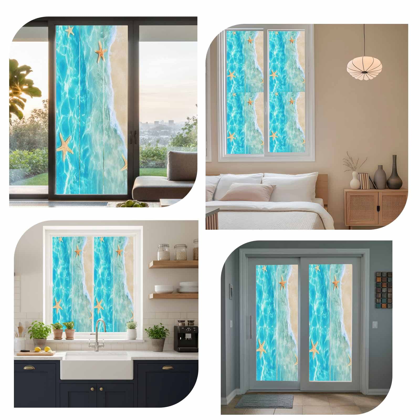 Summer Beach Window Privacy Film, Blue Teal Ocean Waves Beige Sand Starfish Shells Frosted Glass Window Clings Static Cling UV Heat Blocking Reusable Door Sticker for Bathroom 23.6 x 59 Inch