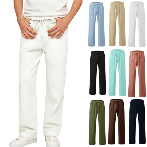 WPPGONE Linen Pants Teen Boy Elastic Waisted Drawstring Straight Leg Comfortable Bottoms Kids Summer Casual Daily Trousers with Pockets