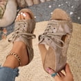 thumbnail image 3 of Rokment Womens Vintage Beach Platform Wedge Slides Sandals Summer Retro Casual Studded Suede Open Toe Lace up Chunky High Heels Slip on Backless Dress Mules Khaki Size 9.5, 3 of 6