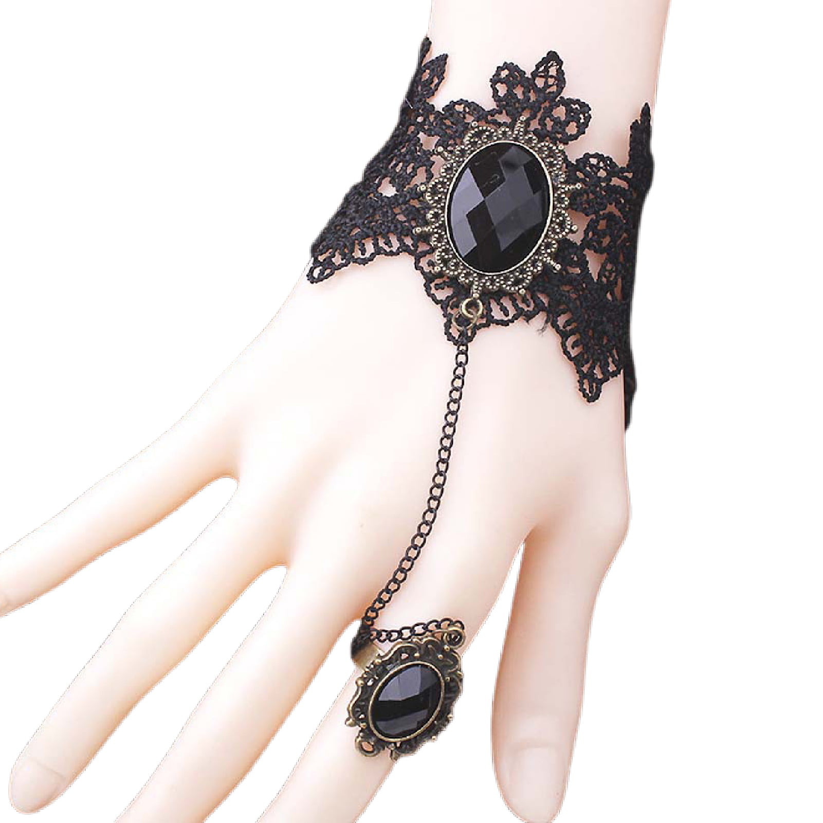 Halloween Gothic Laces Red Rose Hands Bracelet Adjustable Finger Ring Accessory