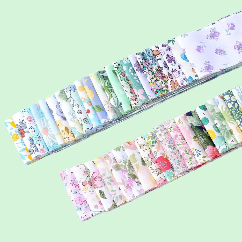 40Pcs Cotton Floral Jelly Roll Fabric 39 x 2.6in Cotton Quilting Bundle Precut Patchwork Spring Summer Flower Quilting Strip Chinoiserie Fabric for Blanket Rug Uolstery Home Decor Crafts 1set