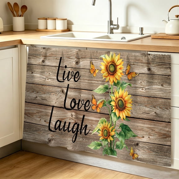 Sunflower Rustic Cabinet Curtain 32"Wx55"L, Dustproof Pantry Door Curtain with Self Adhesive Tape, Vintage Wooden Flowers Butterfly Tall Storage Cover Privacy Drape for Bathroom Kitchen Laundry Room