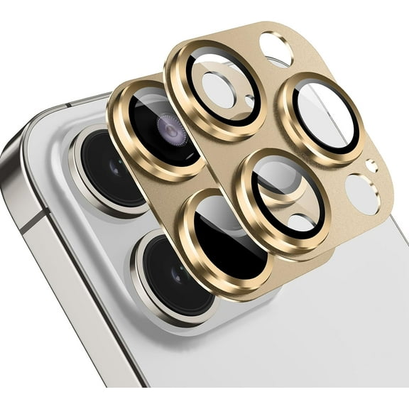 2 Pack for iPhone 15 Pro/iPhone 15 Pro Max Camera Lens Protector, [Drop Protection] 9H Tempered Glass Camera Cover Screen Metal Ring Case Friendly Scratch Resist [Integrated Version]- Gold