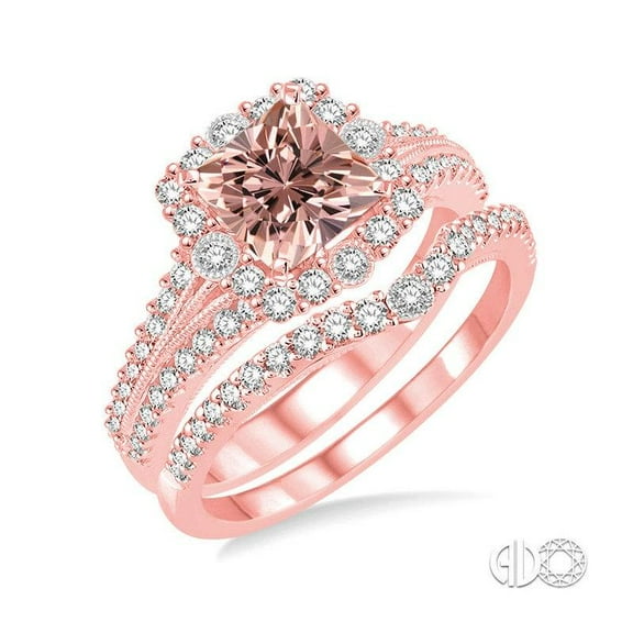 Twin Row Princess cut Morganite and Diamond Bridal Ring Set in 14k Rose Gold affordable morganite & diamond engagement ring