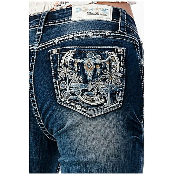 Grace in LA Women's Western Steer Head Embroidered Distressed Bootcut Stretch Jeans (25)