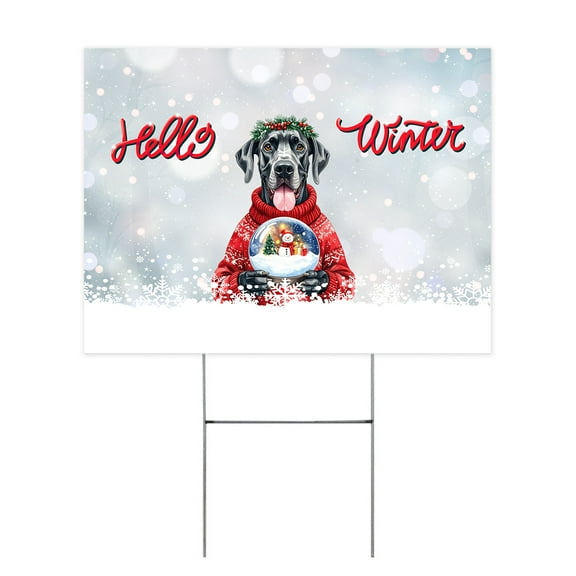 Hello Welcome Winter Great Dane Holding Snow Globe Snowman Yard Sign Danes Dog Lover Gifts Outdoor Home Lawn Garden Porch Decor - 13015