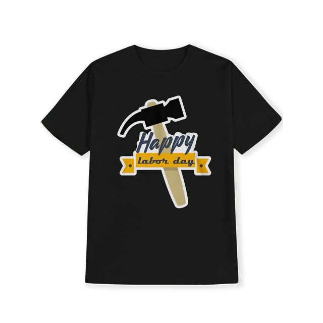 Men's Labor Graphic T-Shirt - Hammer & Happy Labor Banner Print, Black with Yellow Design, Casual Short Sleeve Round Neck Summer Tee for Casual Attire & Holiday Celebrations