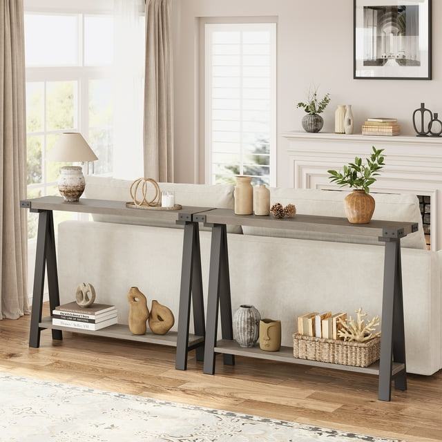 Table Console Étroite Style Ferme avec Tablette de Rangement – Table d'Appoint à 2 Niveaux pour Sofa – Pattes Métalliques Modernes en Forme de V – Meuble d'Entrée Gain de Place pour Salon, Couloir, derrière le Sofa – Gris