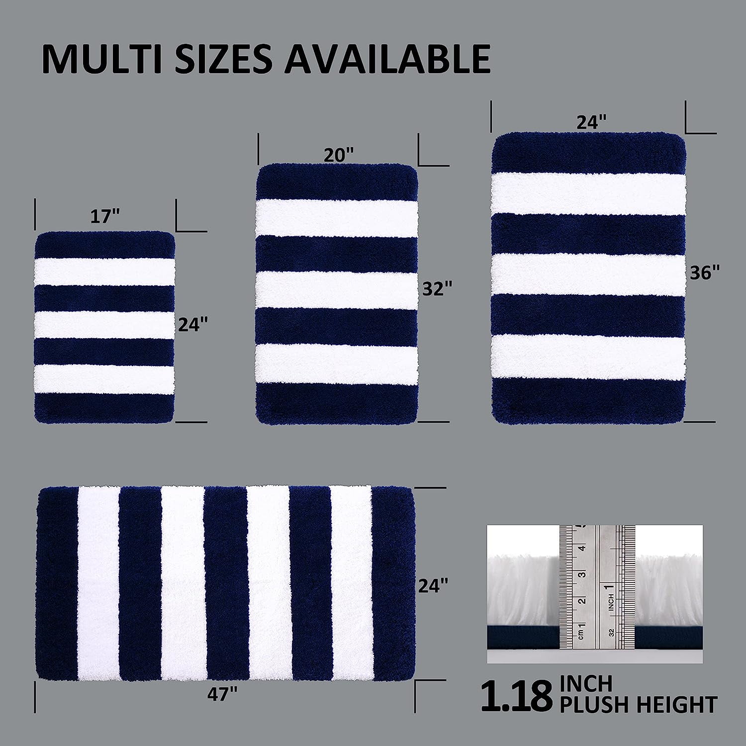 Extra Thick Plush Bathroom Rugs Non Slip Absorbent Soft Microfiber Bath Mat Machine Washable Fluffy Shaggy Rug 20x32 Dark Blue and White