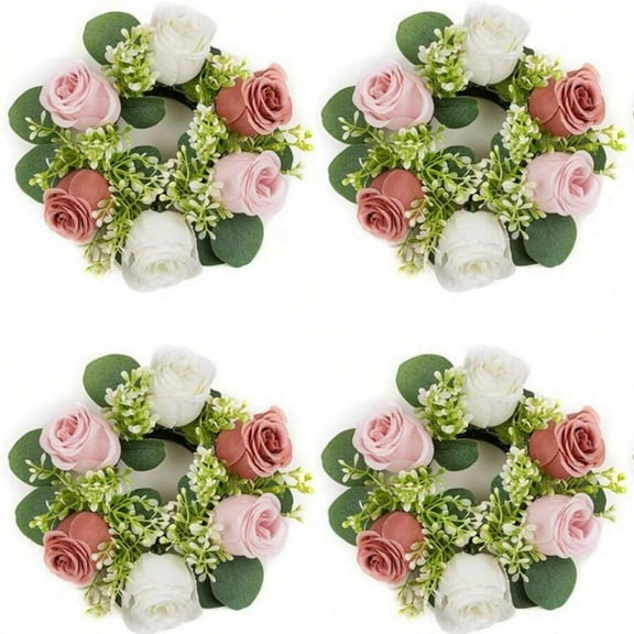 REZJSWFSMMJ 4pcs Candle Rings Wreaths, Artificial Roses Flowers Candle Holders Wedding Centerpieces For Tables Spring Summer Wreath