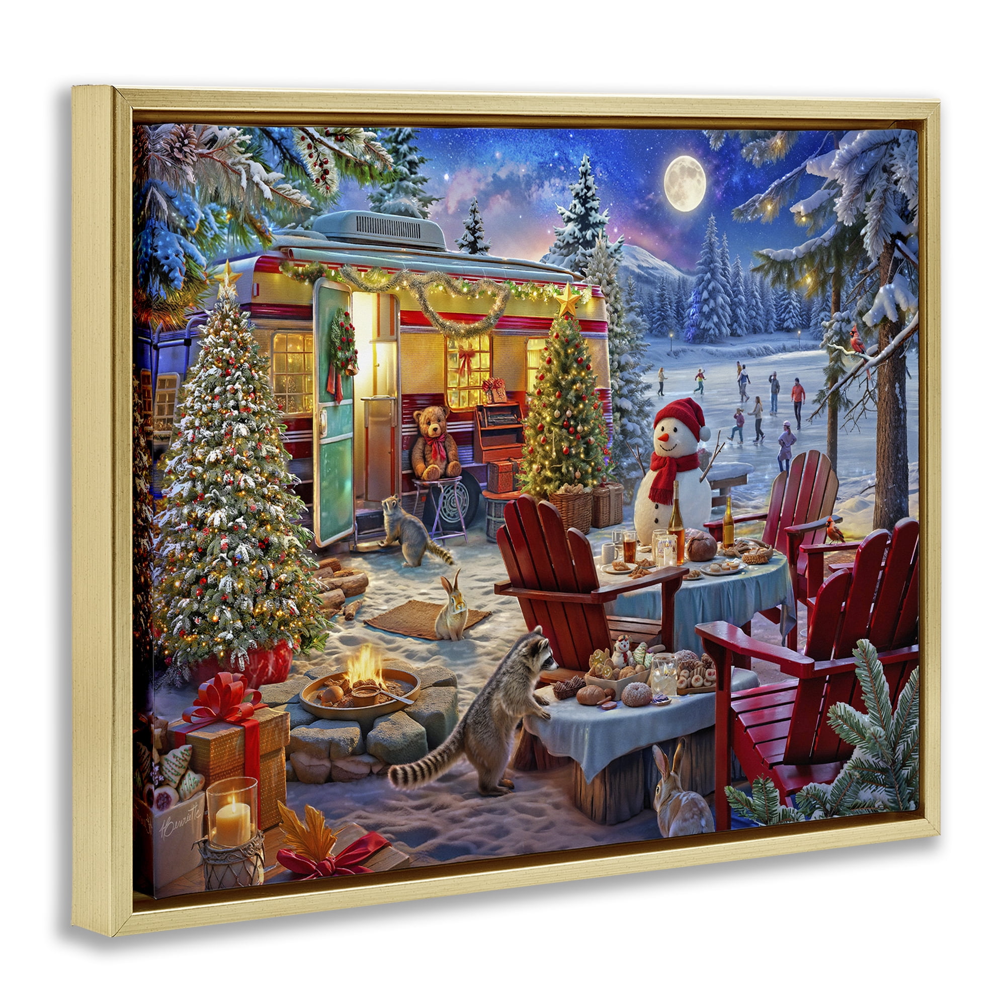Winter Holiday Camper Party Gold Framed Floater Canvas Wall Art, design by Henriette Chinaglia