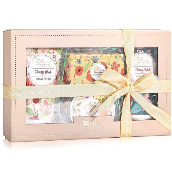 Body & Earth Body Care Lotion Gift Sets for Women Birthday Mothers Day Gifts, Peony Hand Cream, Foot Cream, Soap, Scented Candle