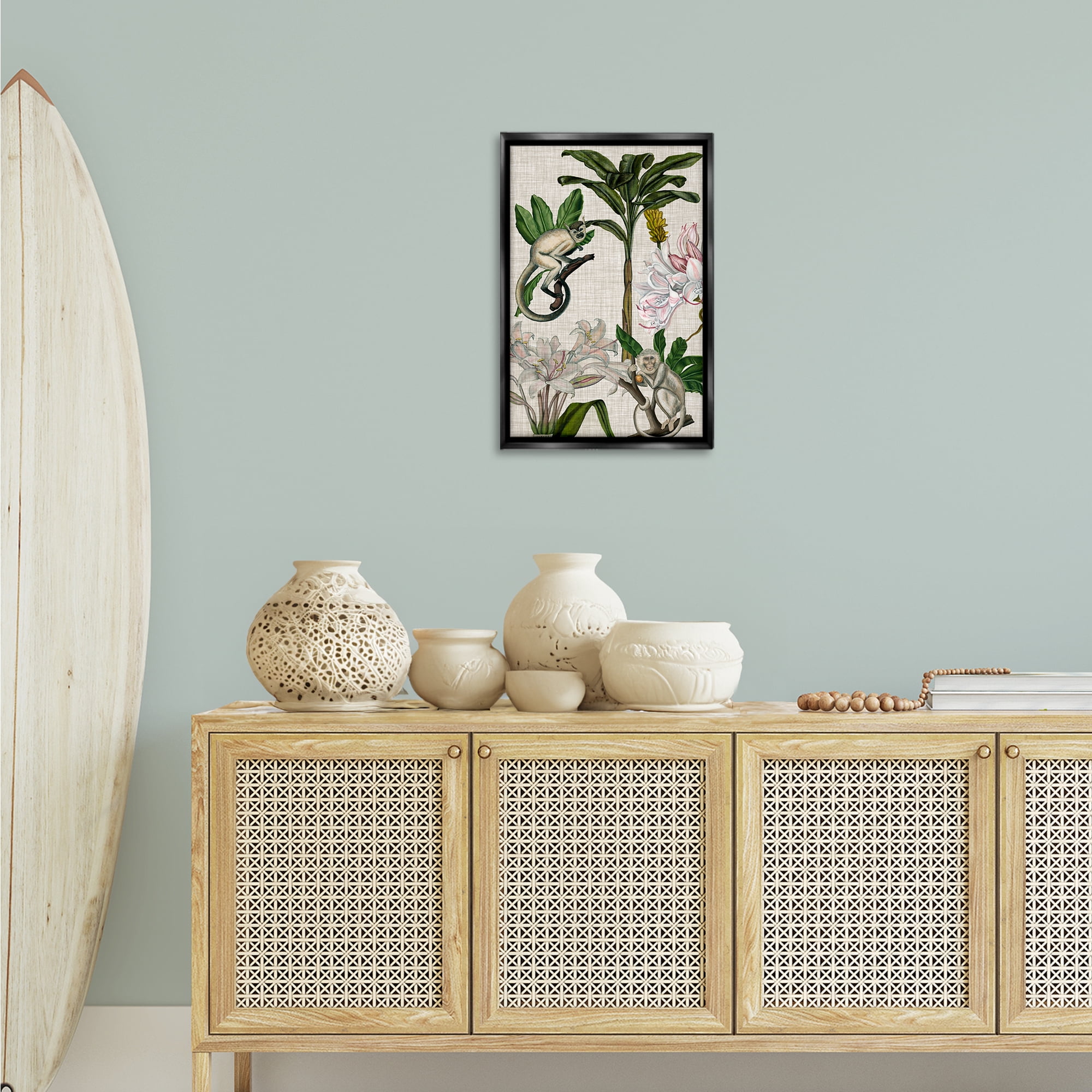 Stupell Industries Vintage Monkey & Plants Plants & Flowers Painting Black Floater Framed Canvas Art Print Wall Art, 17 x 25