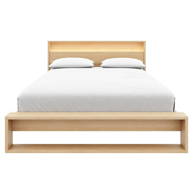 Gael queen size bed set with light wood slatted frame and headboard that includes integrated warm LED lighting, shown with white bedding.