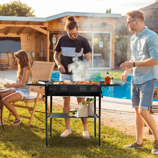 Portable 2-in-1 Charcoal Grill, Foldable Kabob BBQ with Pan & Grill, Adjustable Height, Storage Trays for Camping/Picnics/Backyard