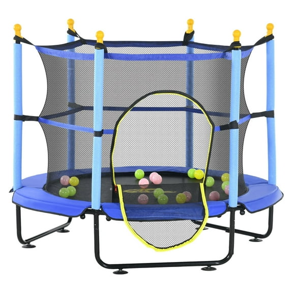 Kids Trampoline 4.6ft with Enclosure & Ball Pit - Blue Indoor Outdoor Bouncer - Safe Jumping for Toddlers Ages 3-10 - 110lbs Capacity
