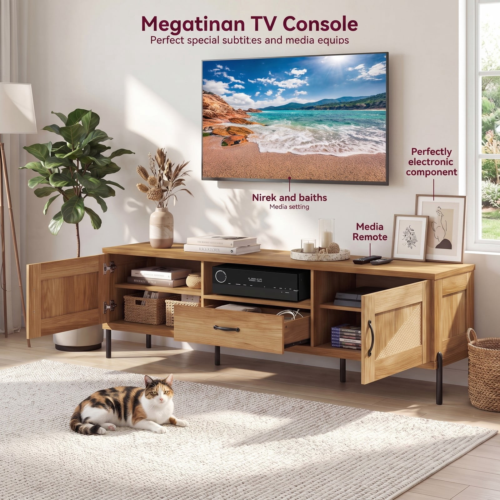 Furnibear Rattan TV Stand for TVs up to 80 Inches, Mid Century Modern Media Console Table with 2 Storage Cabinets, Adjustable Shelves and Open Compartment for, Natural
