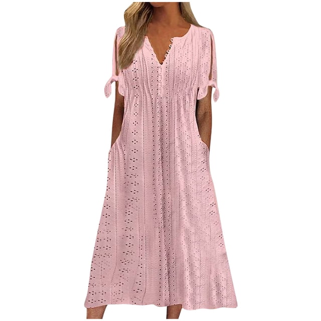 vestido de bolsillo de manga corta con hombros descubiertos y cuello redondo de color sólido informal a la moda para mujer rosa/l