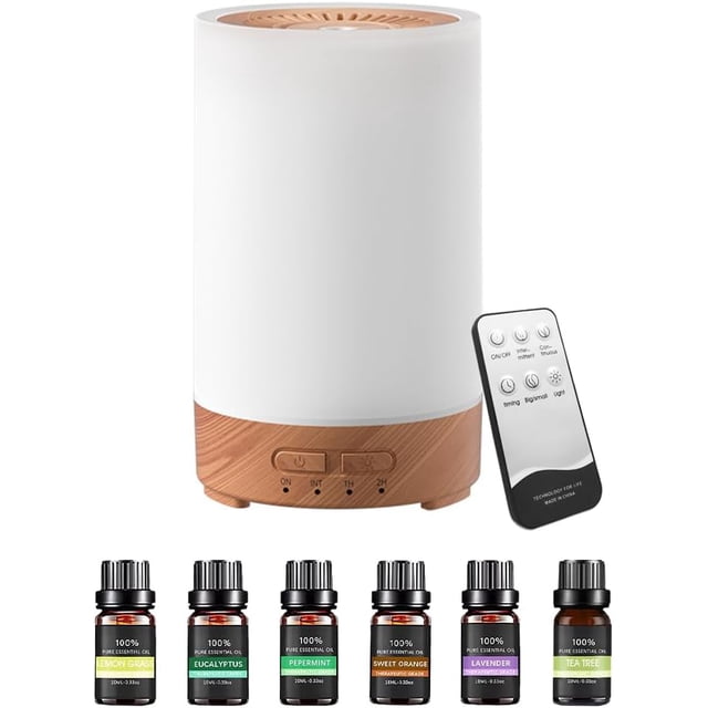 Difusor de Aceites Esenciales,150ml Difusor de Aromas con 6 Botellas de Aceites Esenciales, Vapor Silencioso Ajustable, 7 Colores Humidificador Ultrasónico Conexión del Cable de Alimen