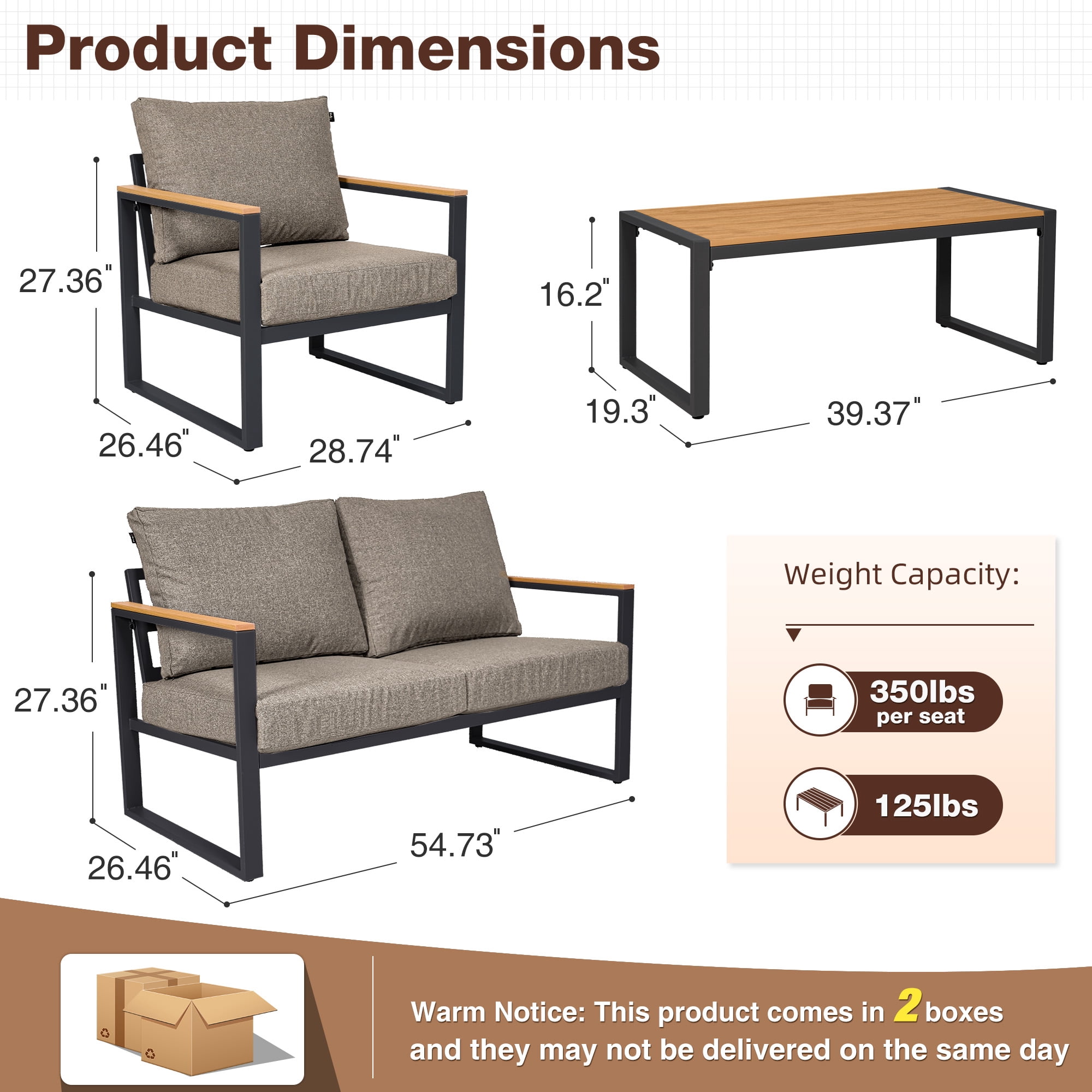 COMLAX FIELD 4-Piece Patio Furniture Set, Metal Outdoor Conversation Set with Coffee Table & Removable Cushions