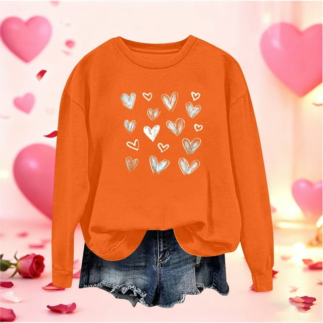 Mceream Valentines Chandails en Molleton pour Femmes Mode Décontractée Imprimé Cœur Graphique Manches Longues Chemises Col Rond Surdimensionné Chandail Tops Grande Taille Orange G