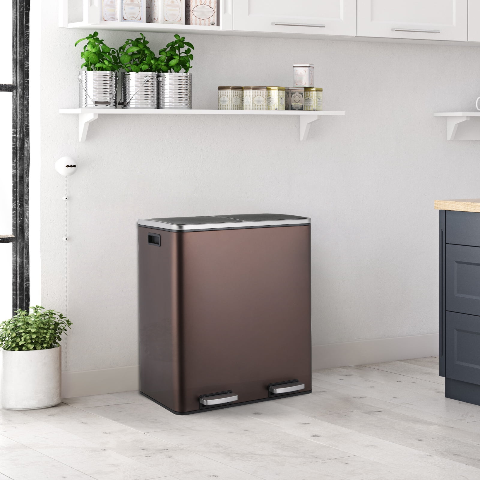 LAZY BUDDY Dual Compartment Recycling Trash Can with Soft-Close Lid and Removable Liner Buckets, 60 Liter / 16 Gallon, Rectangular