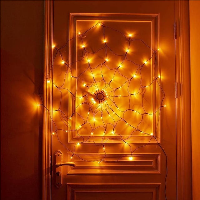 Halloween Spider Web Lights Decoración 60LED Light up Black Spider Web Impermeable Naranja Luces para Party Yard Bar Haunted House Window Decor Kits de decoración para fiestas luz amarilla Bearachild HA045712-01