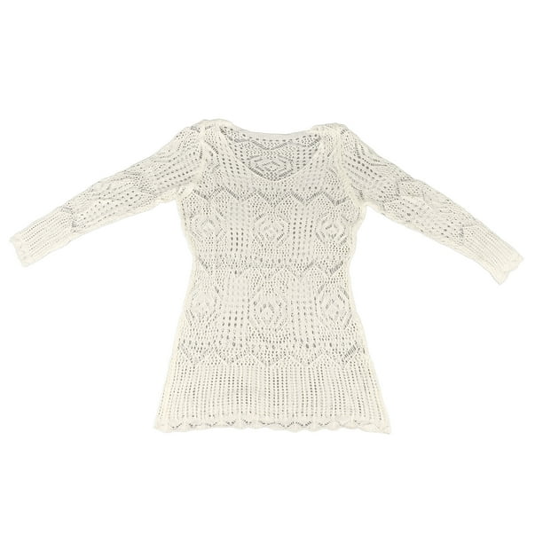 Vestido playero de manga larga de punto para mujer, con aberturas, de crochet, para vacaciones, color blanco lechoso, talla única