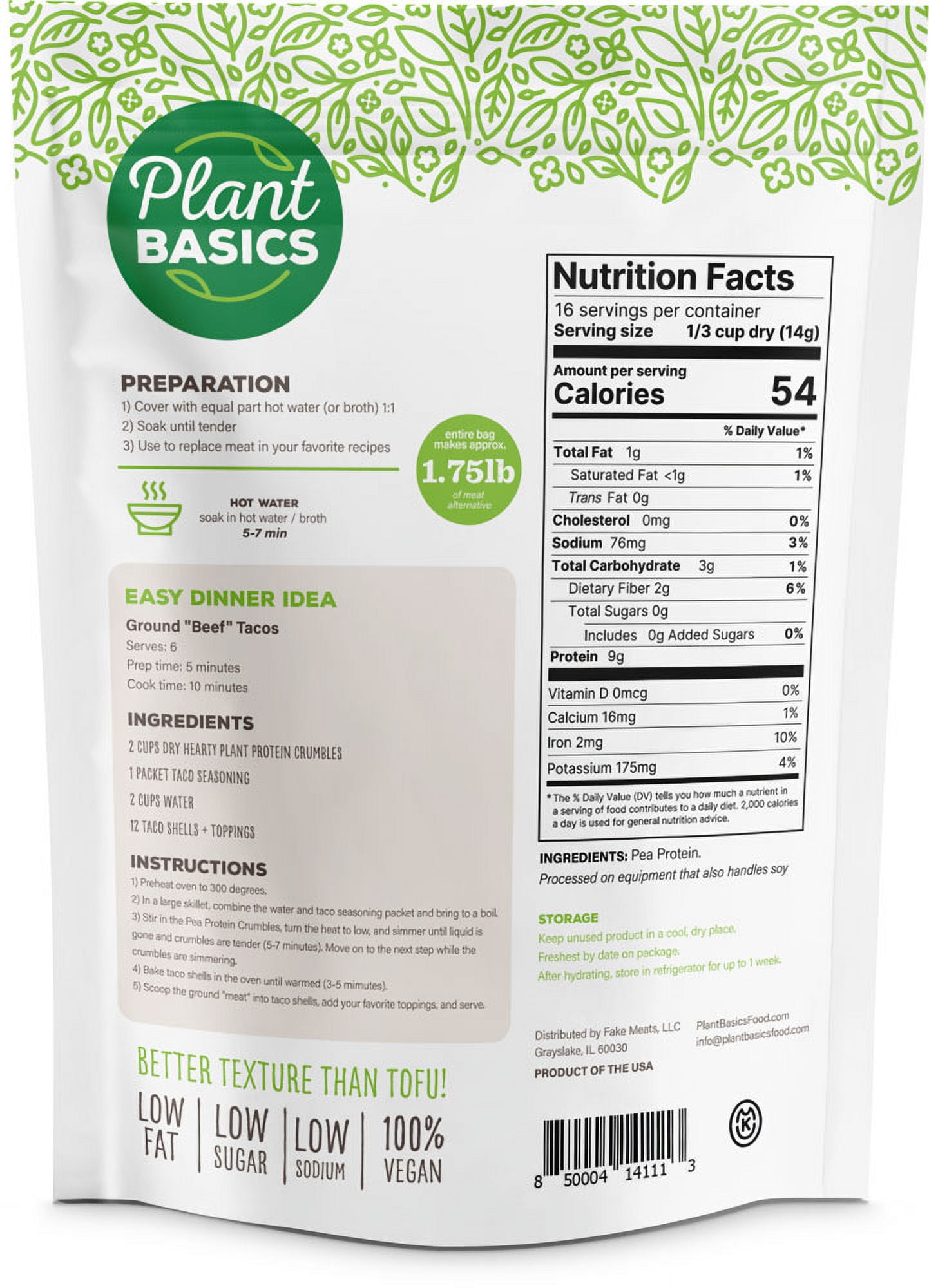 Plant Basics - Hearty Plant Protein - Unflavored Crumbles, 8 oz (Pack of 6), Made from Peas, Non-GMO, Gluten Free, Low Fat, Low Sodium, Vegan, Meat Substitute