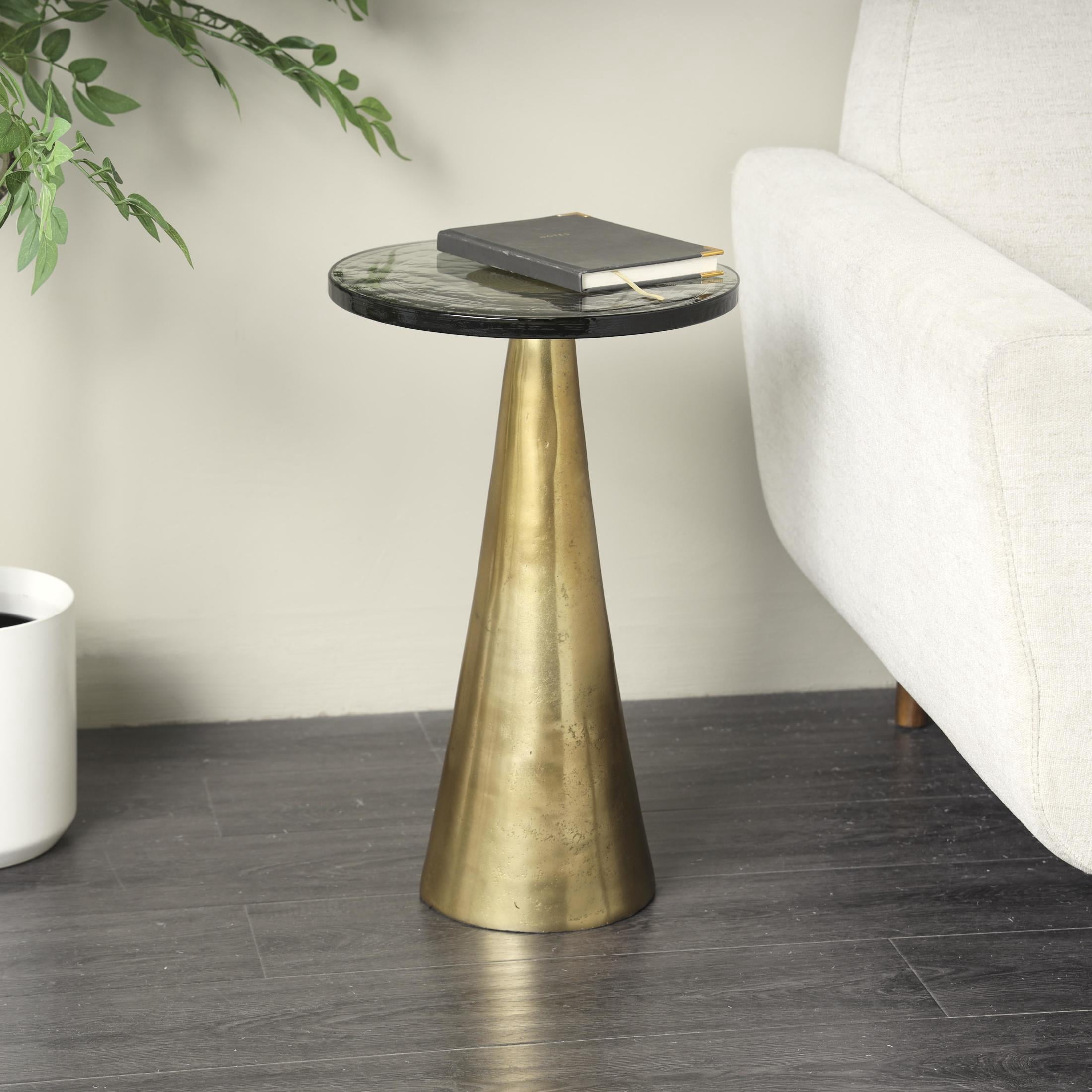 DecMode 14" x 22" Gold Aluminum Metal Cone Geometric Accent Table with Textured Glass Tabletop, 1-Piece