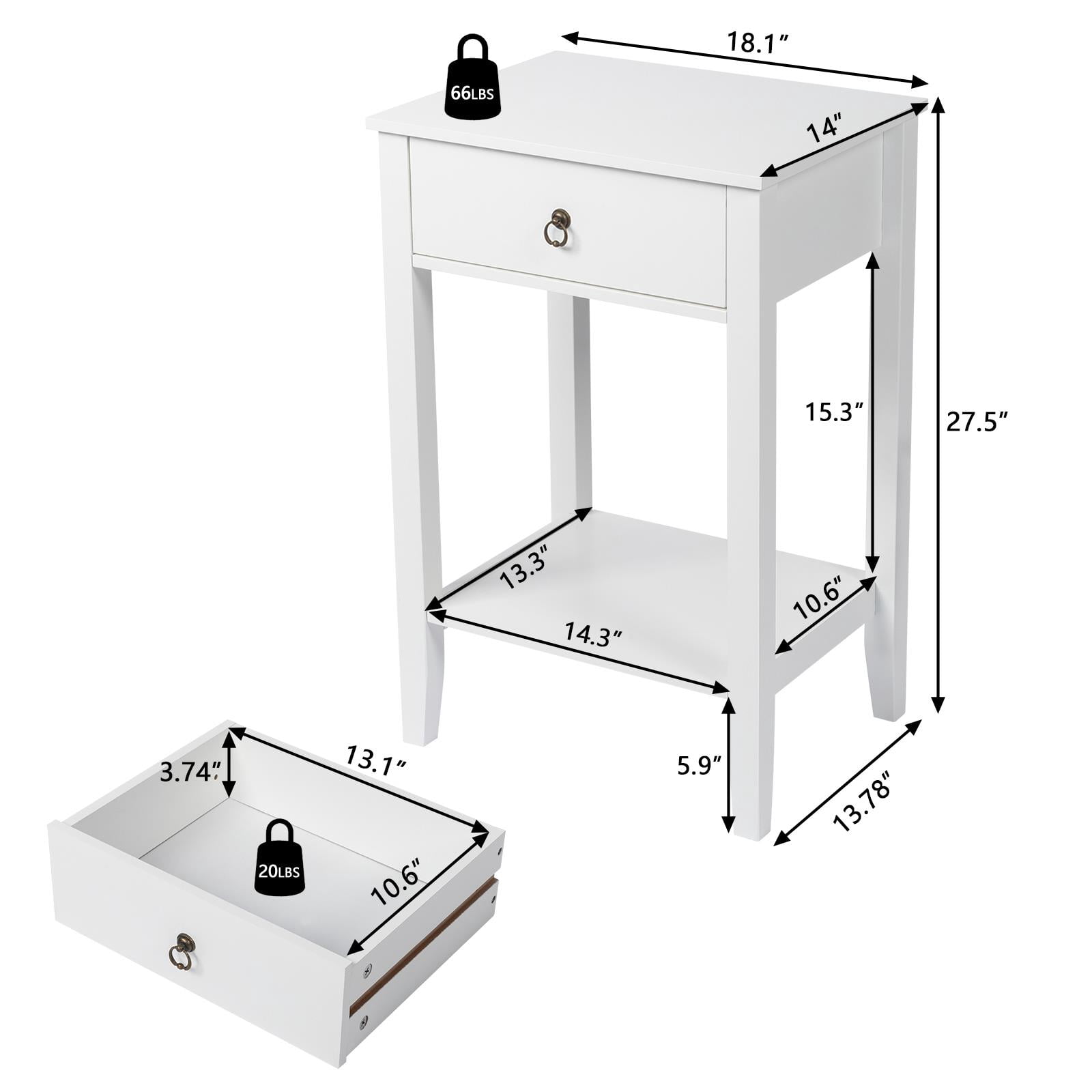 Ktaxon Wooden Side End Table Night Stand Storage Shelf with Bin Drawer Night Stand Sets of 2,White