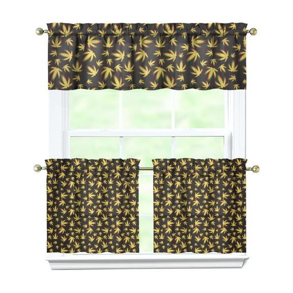 27.5x24in Kitchen Window Curtains Set, 3-Piece Polyester Drapes Featuring Bamboo and Maple Leaf Pattern, Tier Panels and Valance for Farmhouse, Cottage, or Minimalist Spaces