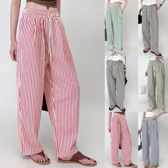 Bmawag Pajama Trousers for Women Lightweight Plus Size Outdoor Indoor House Pants Elastic Waist Drawstring Casual Loose Fit Striped Long Pants for Women with Pockets Army Green XL