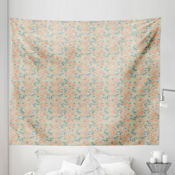 Floral Tapestry, Repetitive Blossoming Rose Flowers in Pastel Spring Tones, Fabric Wall Hanging Decor for Bedroom Living Room Dorm, 5 Sizes, Grey Yellow Sea Green, by Ambesonne