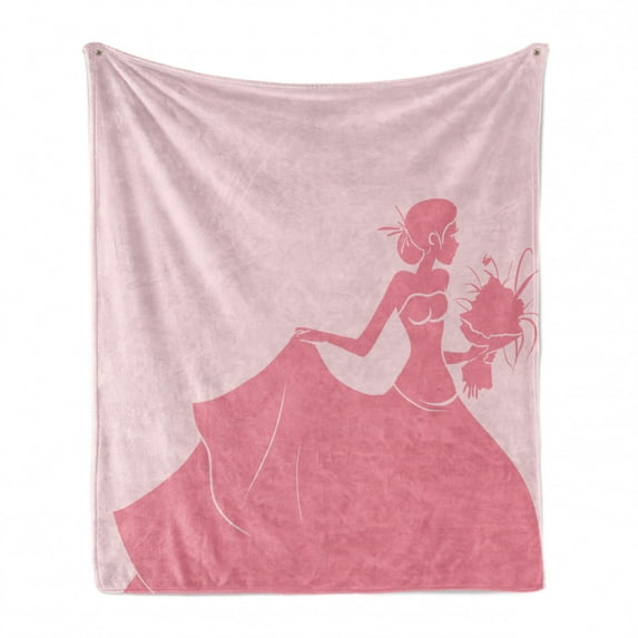 Bridal Shower Soft Flannel Fleece Blanket, Bride in Pink Wedding Dress with Flowers Sketchy Celebration Image, Cozy Plush for Indoor and Outdoor Use, 50" x 70", Salmon and Pale Pink, by Ambesonne