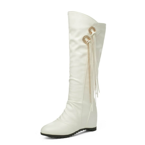 Fesfesfes Wide Calf Boots For Women Fashion All Match Mid Tube Fall Winter Fleece Thick With Mid Heel Knight US:6(37)