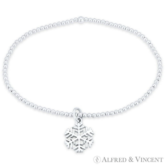 Snowflake Ice Crystal Charm & Polished Ball Bead Stretch Bracelet in .925 Sterling Silver