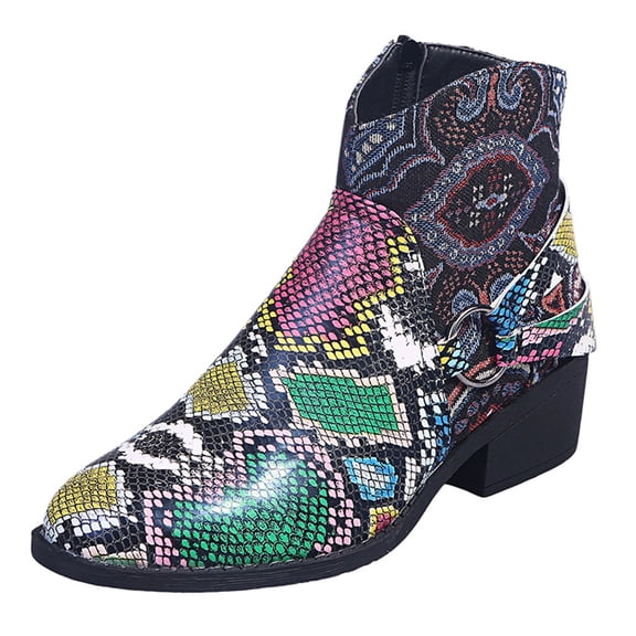 asdoklhq Boots Under $15,Women Snake Pattern Suqare Heels Zipper Embroidery Short Booties Round Toe Shoes