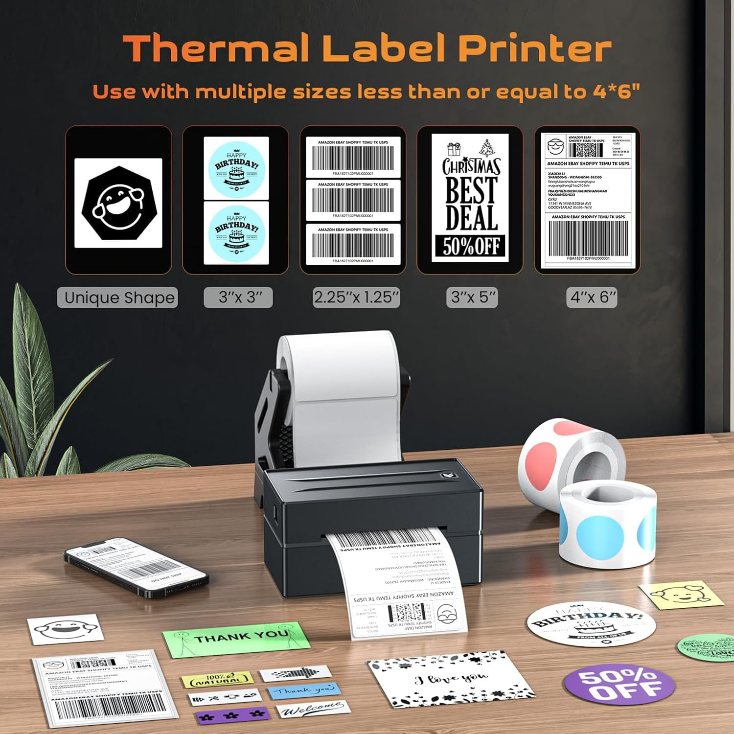 Bluetooth Thermal Label Printer, Wireless 4x6" Shipping Label Printer for Shipping Packages