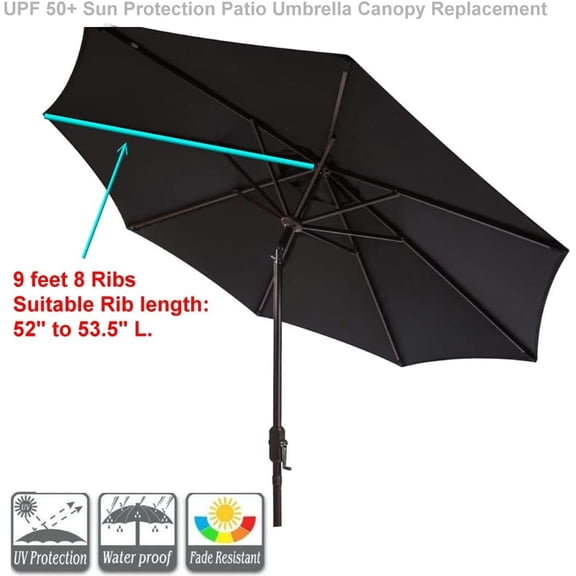 9ft Umbrella Replacement Canopy Market Umbrella Top Outdoor Sun Protection with 8 Ribs Vented Fade Resistant UPF 50 Black
