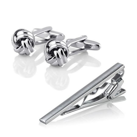 Zodaca Men Metal Necktie Clip Clasp Silver Tone Simple+Silver Knot Cufflinks