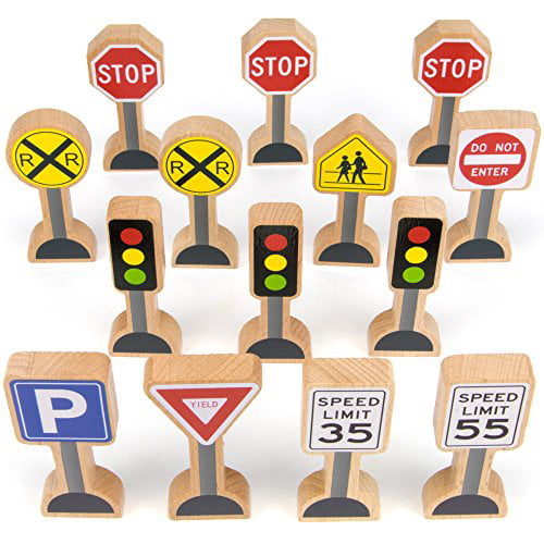 15 Pieces Wood Traffic Signs for Kids Birthday Kids Wooden Street Signs Playset 