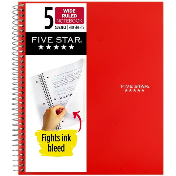 Five Star Spiral Notebook   Study App, 5 Subject, Wide Ruled, 8" x 10.5", Fire Red