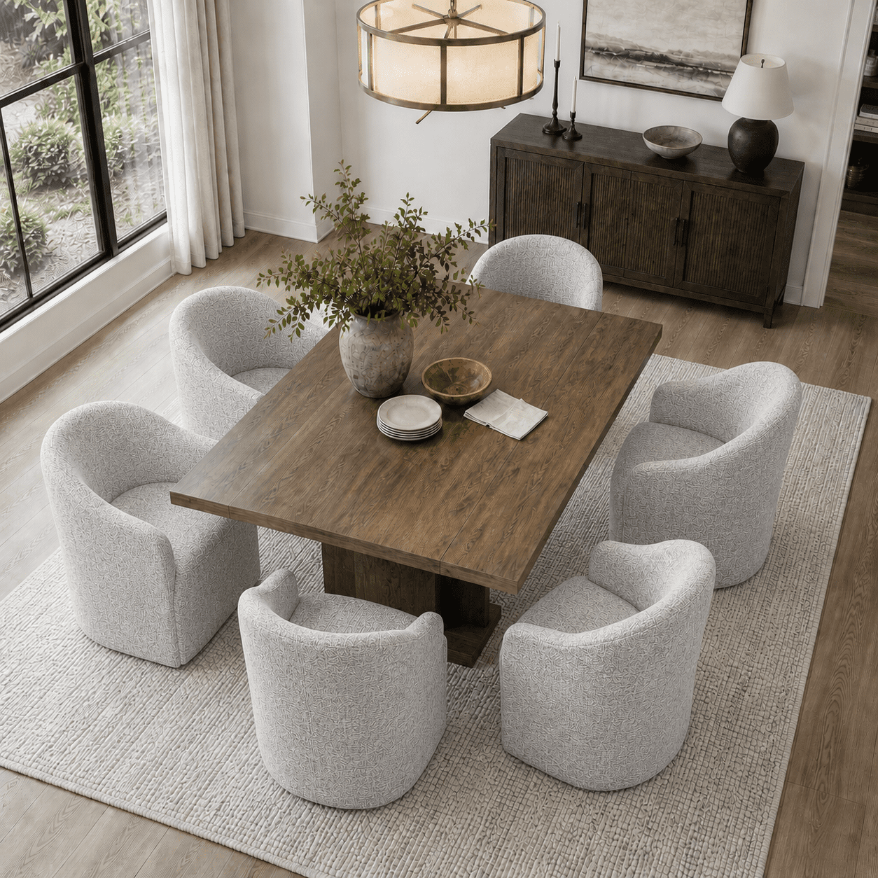 Aenkyo Dining Chair with Casters, Upholstered Barrel Back Rolling Accent Chair, Feather Gray
