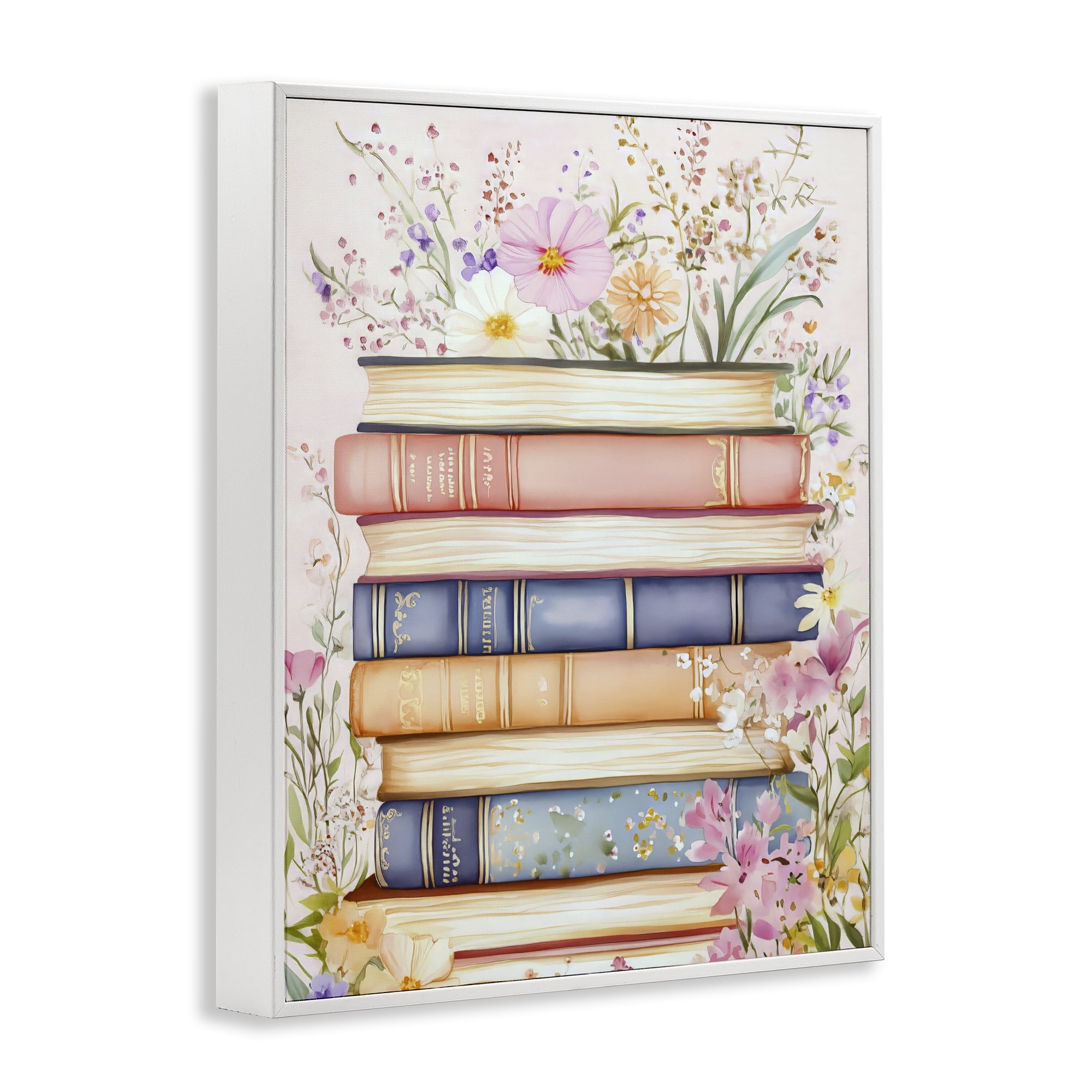 Stupell Industries Blooming Bookstack in Pastels White Framed Giclee Art, design by LSR Design Studio