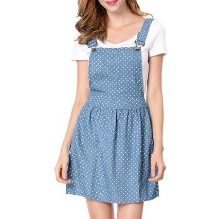 Women's Dots Pattern Adjustable Shoulder Straps Denim Overall Dress Blue (Size S / 4)